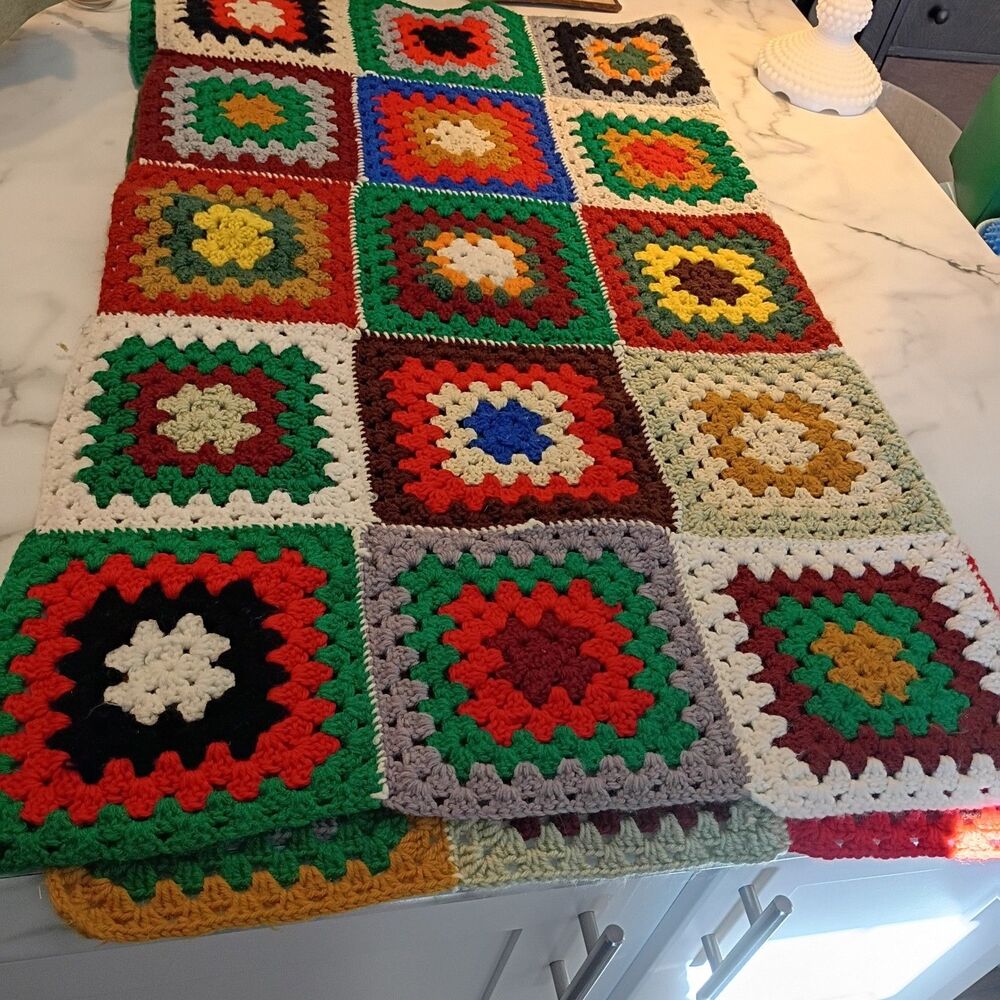 Handmade Crochet Afghan Blanket Granny Square Throw Holiday Autumn Linus